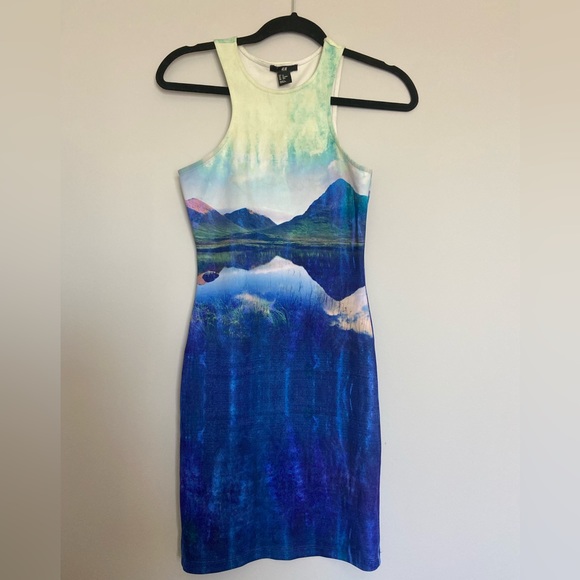 Beyoncé x HM Watercolor art limited edition Bodycon Sold Out Scuba Dress XS - Picture 2 of 8